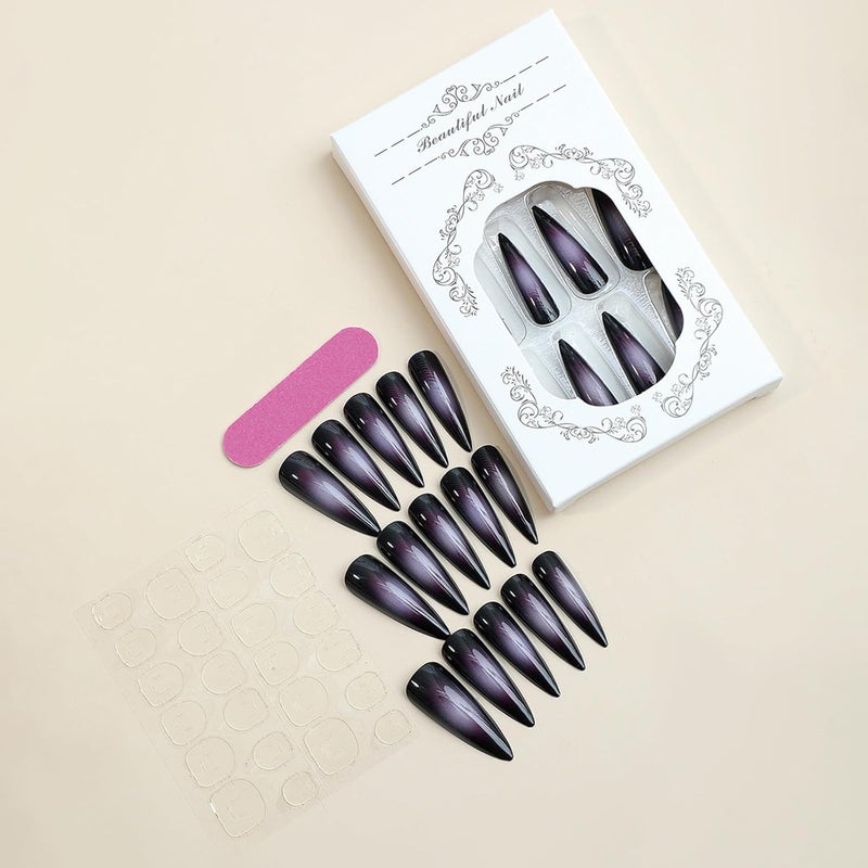 SINHOT Press on Nails Long Stiletto Fake Nails Glossy Glue on Nails Goth Black Acrylic Nail Sharp Almond Artificial Nail Purple Ombre Aura Stick on False Nail with Design 24 pcs - Image 3